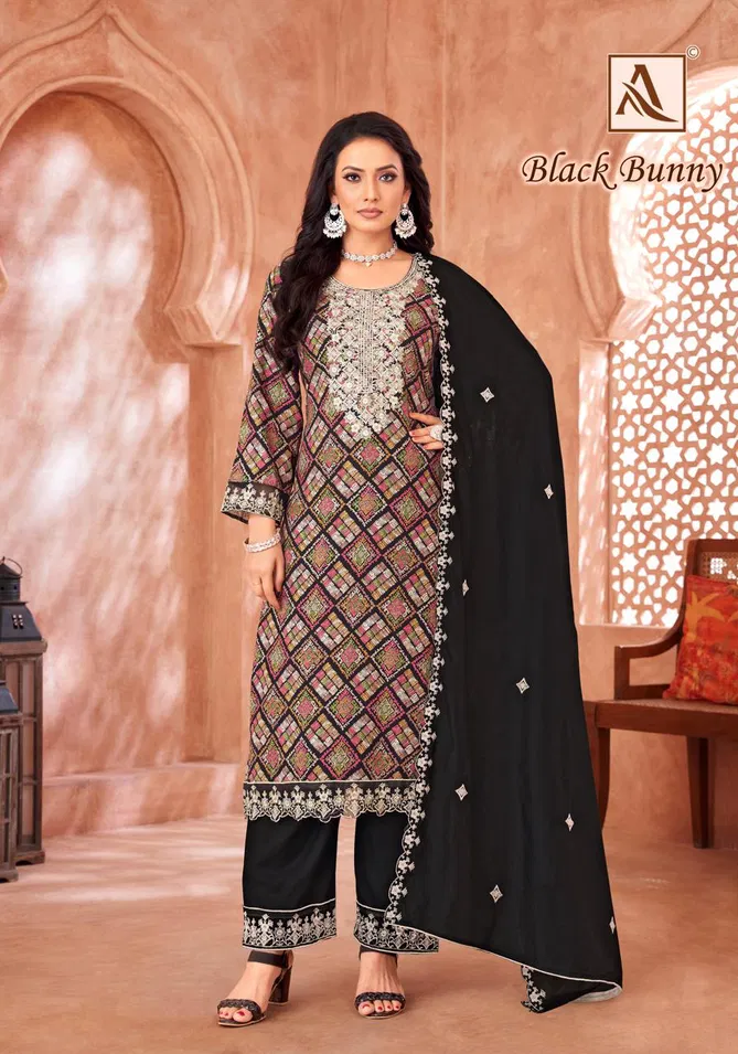 Black Bunny By Alok Suit Viscose Reyon Printed Embroidery Dress Material Suppliers In India